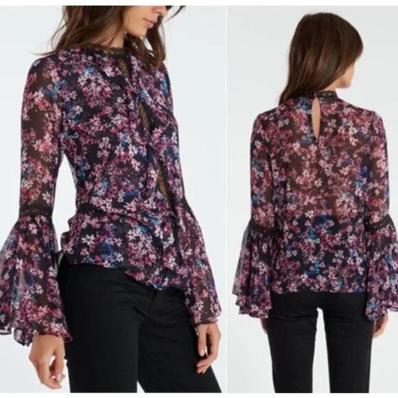 Misa Los Angeles Divya Top Purple Floral Blouse Long Bell Sleeve Chiffon Size S - Picture 2 of 8